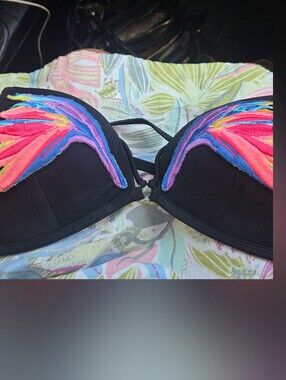 Pink victoria secrets black neon color bird of paradise embroidered bikini top M